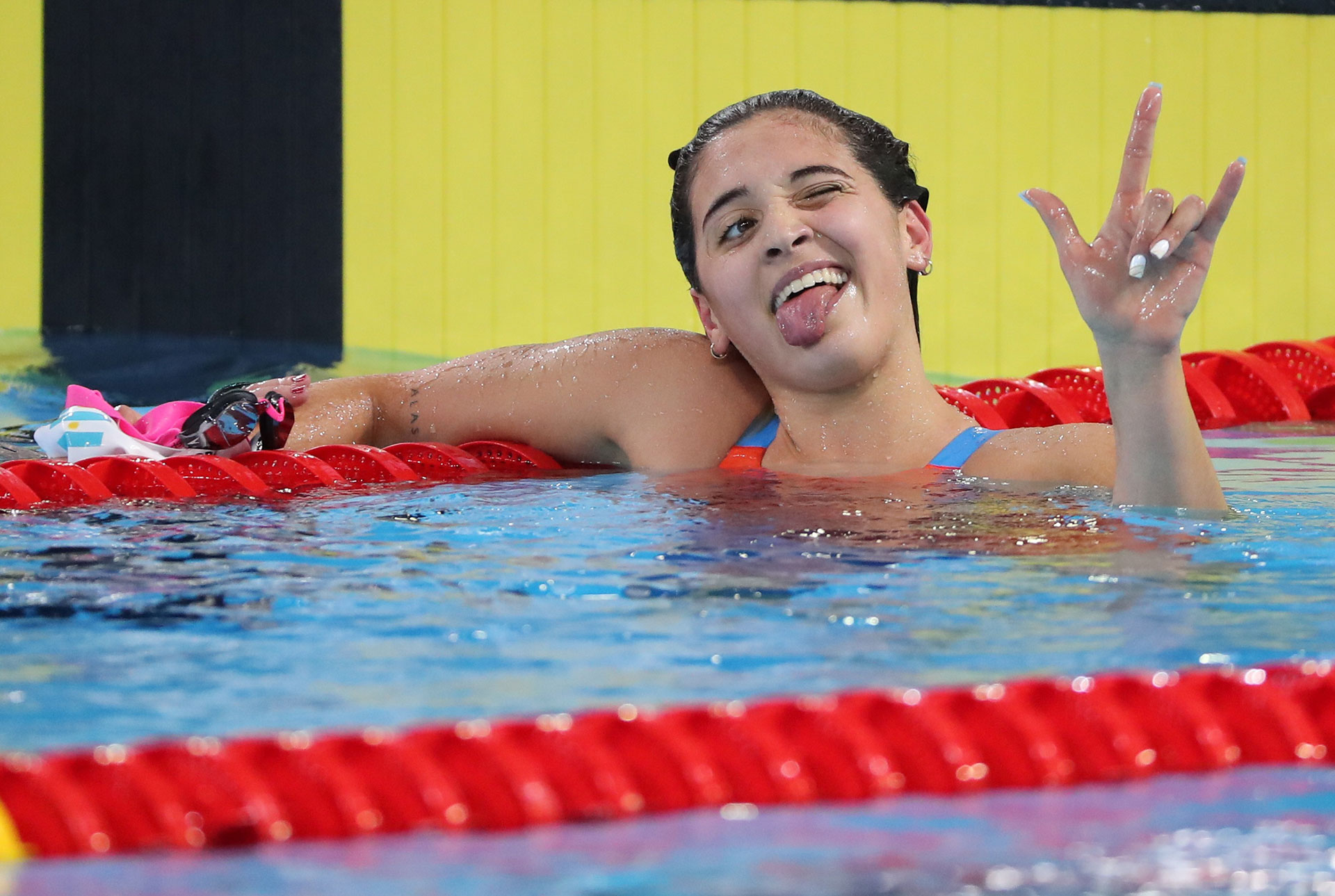 Swimming  XVIII Pan American Games - Lima 2019 - Women's 1500m Freestyle - Aquatic Center, Lima, Peru - August 10, 2019. Argentina's Delfina Narella Pignatiello celebrates her win . REUTERS/Sergio Moraes